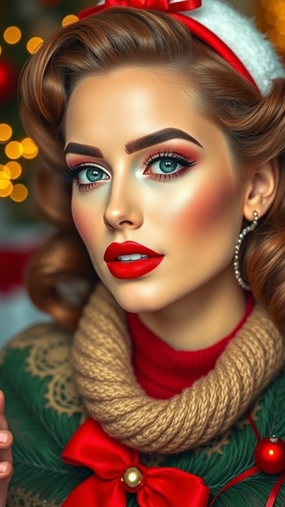 Vintage Christmas makeup with red lips and winged eyeliner on a model.